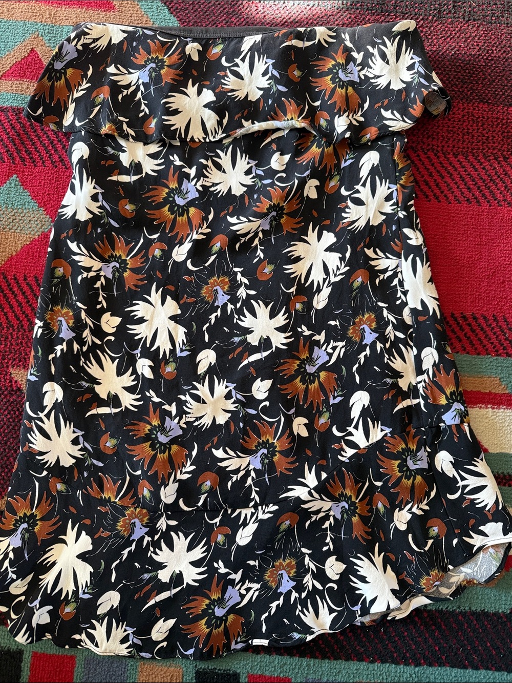 A.L.C. Black Floral Ruffle Off-Shoulder Dress with White & Brown Blooms